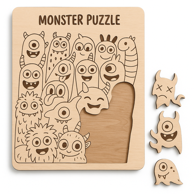 Holzpuzzle „Lustige Monster“ – Kreatives Steckspiel für Kinder